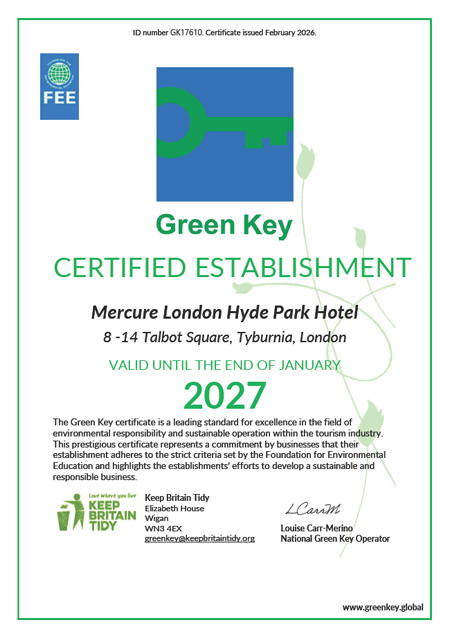 Mercure London Hyde Park Hotel Green Key Certificate 2027