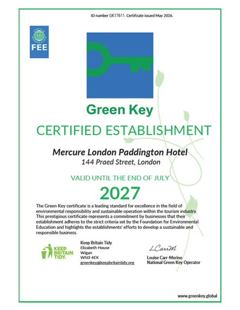 Mercure London Paddington Hotel Green Key Certificate 2027